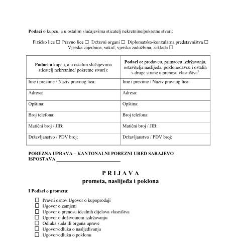Document preview: PRIJAVA PROMETA,NASLJEĐA I POKLONA — Obrazac | Pravno lice, Fizičko lice, Fizičko lice - građanin | Kantonalni općinski propisi, Bosna i Hercegovina (CERFA n°PRI)