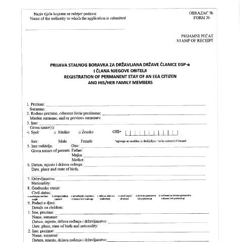 Document preview: OBRAZAC 3B-Prijava stalnog boravka za državljana države članice EGP-a i člana njegove obitelji — MUP (interieur), Hrvatska (CERFA n°OBRAZAC 3B)