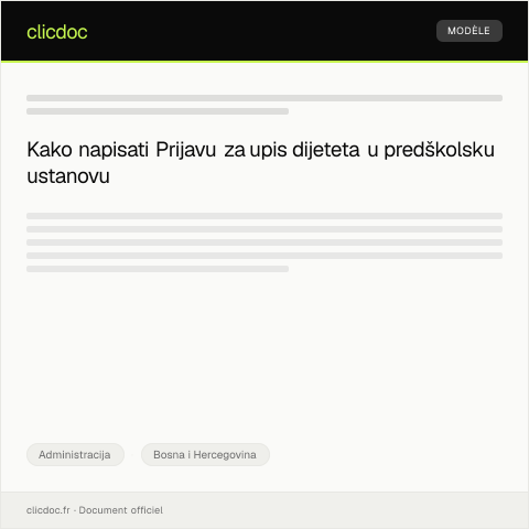 Document preview: Prijava za upis dijeteta u predškolsku ustanovu — Administracija, Bosna i Hercegovina