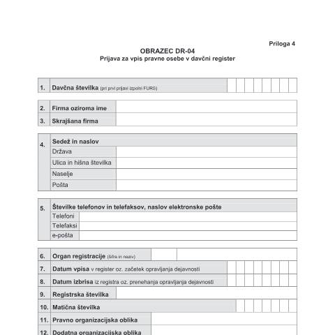 Document preview: Prijava za vpis pravne osebe v davčni register — Prijava, Slovenija (CERFA n°DR-04)