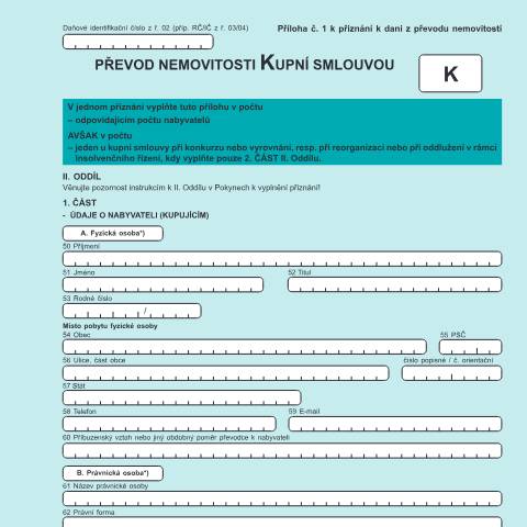 Document preview: Příloha č. 1 k přiznání k dani z převodu nemovitostí - převod nemovitosti kupní smlouvou od 1. 1. 2004 — Daň z převodu nemovitostí — Vyměřovací řízení, Česko (CERFA n°25 5402)