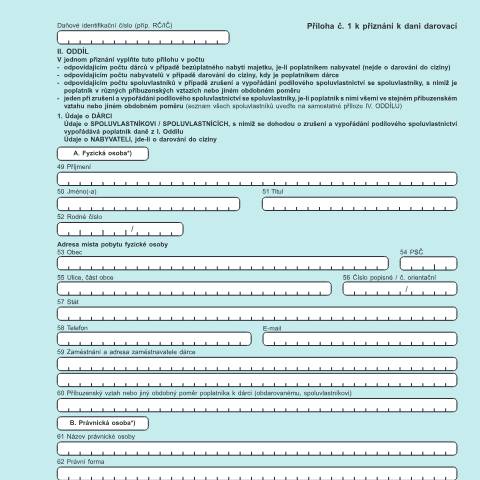 Document preview: Příloha k přiznání k dani darovací — Daň darovací — Vyměřovací řízení, Česko (CERFA n°25 5433)