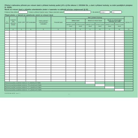 Document preview: Příloha k přiznání pro vrácení daně z přidané hodnoty podle § 83 a § 83a zákona č. 235/2004 Sb., o dani z přidané hodnoty, ve znění pozdějších předpisů, B. ODDÍL – Nárok na vrácení daně z přijatého zdanitelného plnění v tuzemsku na základě principu vzájemnosti (§ 83) — Daň z přidané hodnoty — Vyměřovací řízení, Česko (CERFA n°25 5573/A)