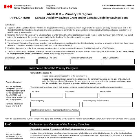 Document preview: Annex B - Primary Caregiver to the Application for Canada Disability Savings Grant and/or Canada Disability Savings Bond — Employment Programs, Canada (CERFA n°EMP5610)