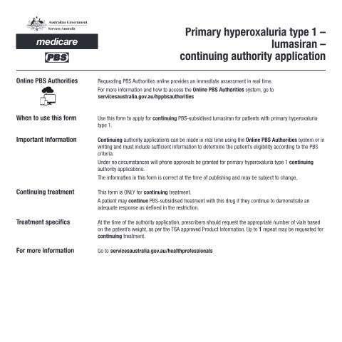 Document preview: Primary hyperoxaluria type 1 - lumasiran - continuing authority application form (PB390) — Services Australia — Health professionals, Australia (CERFA n°PB390)