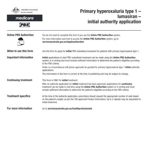 Document preview: Primary hyperoxaluria type 1 - lumasiran - initial authority application form (PB389) — Services Australia — Health professionals, Australia (CERFA n°PB389)