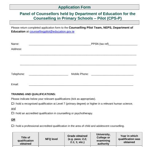 Document preview: Strand 1 of the Counselling in Primary Schools Pilot — counselling application form 2023 2025 — Department of Education, Ireland (CERFA n°FORM2023)