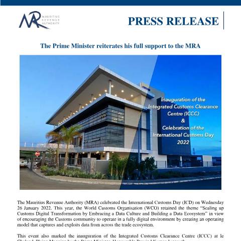 Document preview: The Prime Minister reiterates his full support to the MRA (28.01.22) — Reference, Mauritius (CERFA n°PressRelease280122)