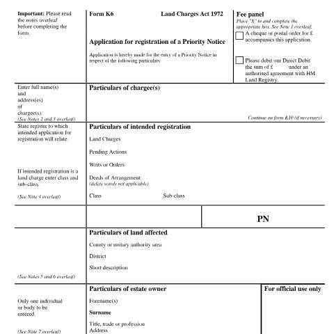 Document preview: Priority Notice registration: application (K6) — HM Land Registry, United Kingdom