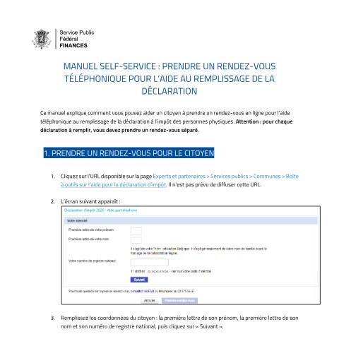 Aperçu du document Manuel pour la prise de rendez-vous — Outil de prise de rendez-vous en self-service pour l’aide au remplissage, Belgique (CERFA n°111-manuel-selfservice-tool-aide-telephone-2026-commune)
