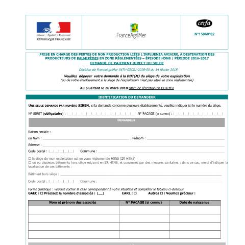 Aperçu du document Prise en charge des pertes de non production liées l'influenza aviaire, à destination des producteurs de palmipèdes en zone réglementées – épisode h5n8 — Professionnels, France (CERFA n°15860*02)