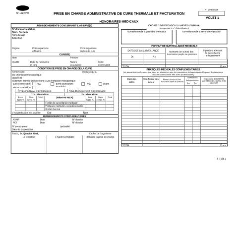 Aperçu du document Prise en charge administrative de cure thermale et facturation — Particuliers, France (CERFA n°11140*04)