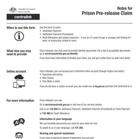 Document preview: Prison Pre-release Claim — Services Australia — Individuals (by code), Australia (CERFA n°SU674)