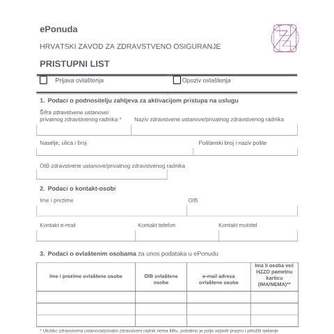 Document preview: 0b. Pristupni List ePonuda — Zdravstveno (sante), Hrvatska (CERFA n°0b. Pristupni List ePonuda)