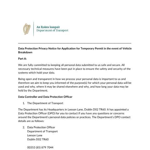 Document preview: Data Protection — privacy notice temp permit application — Department of Transport, Ireland