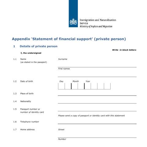 Documentvoorvertoning: Appendix Statement of financial support’ (private person) — IND — immigratie, Nederland (CERFA n°7668)