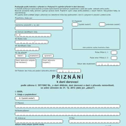 Document preview: Přiznání k dani darovací — Daň darovací — Vyměřovací řízení, Česko (CERFA n°25 5409/1)
