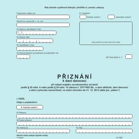 Document preview: Přiznání k dani darovací při nabytí majetku osvobozeného od daně podle § 20 odst. 4 zákona — Daň darovací — Vyměřovací řízení, Česko (CERFA n°25 5512)