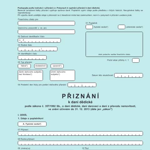 Document preview: Přiznání k dani dědické — Daň dědická — Vyměřovací řízení, Česko (CERFA n°25 5409)