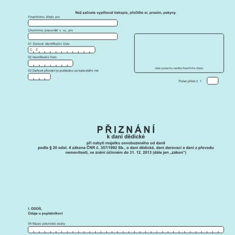 Document preview: Přiznání k dani dědické při nabytí majetku osvobozeného od daně podle § 20 odst. 4 zákona — Daň dědická — Vyměřovací řízení, Česko (CERFA n°25 5509)