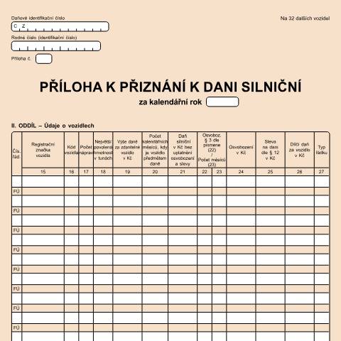 Document preview: Přiznání k dani silniční - příloha — Daň silniční — Vyměřovací řízení, Česko (CERFA n°25 5407/1)