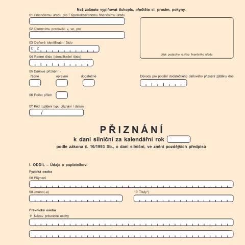 Document preview: Přiznání k dani silniční — Daň silniční — Vyměřovací řízení, Česko (CERFA n°25 5407)