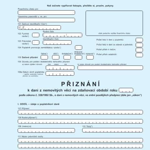 Document preview: Přiznání k dani z nemovitých věcí — Daň z nemovitých věcí — Vyměřovací řízení, Česko (CERFA n°25 5450)