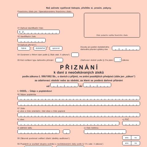Document preview: Přiznání k dani z neočekávaných zisků podle zákona č. 586/1992 Sb., o daních z příjmů, ve znění pozdějších předpisů — Daň z příjmů právnických osob — Vyměřovací řízení, Česko (CERFA n°25 5563)