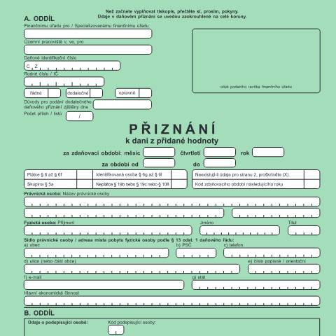Document preview: Přiznání k dani z přidané hodnoty — Daň z přidané hodnoty — Vyměřovací řízení, Česko (CERFA n°25 5401)
