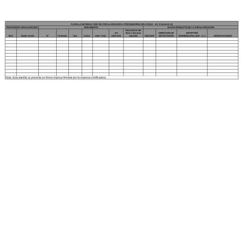 Vista previa del documento Planilla de Resultado de Circularización a Proveedores — Registro De Exportación, Paraguay