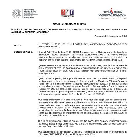 Vista previa del documento Resolución General Nº 093 16 — Auditores Externos Impositivos, Paraguay