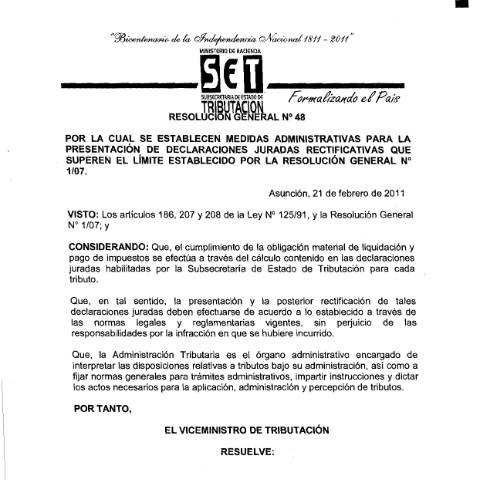 Vista previa del documento Resolución General Nº 48 11 — Declaraciones Juradas1, Paraguay
