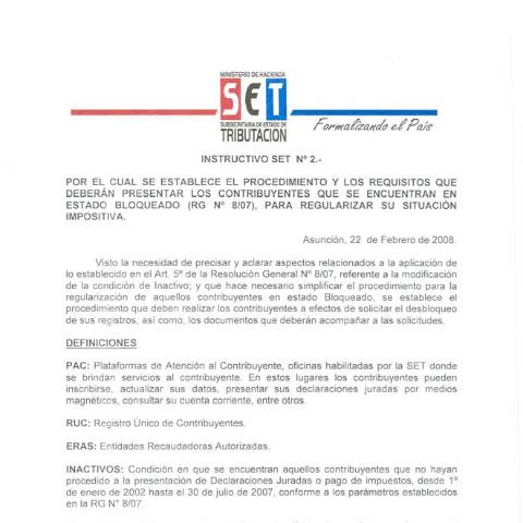 Vista previa del documento Instructivo SET Nº 2 08 — Instructivos, Paraguay