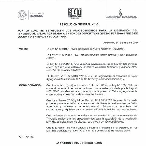 Vista previa del documento Resolución General N° 30 14 — Franquicias Fiscales, Paraguay