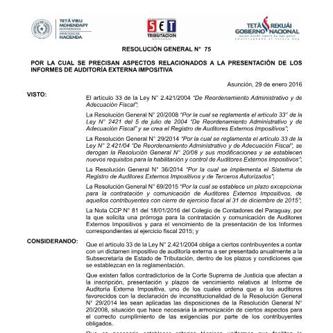Vista previa del documento Resolución General N° 075 16 — Auditores Externos Impositivos, Paraguay