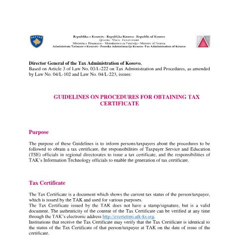 Document preview: GUIDELINES ON PROCEDURES FOR OBTAINING TAX CERTIFICATE — Udhezues Manuale Dhe Rregullore, Kosovë
