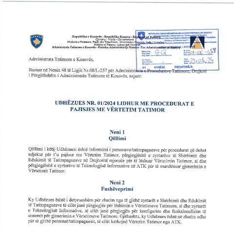 Document preview: Udhëzues Nr. 01-2024 lidhur me procedurat e pajisjes me Vërtetim Tatimor — Udhezues Manuale Dhe Rregullore, Kosovë