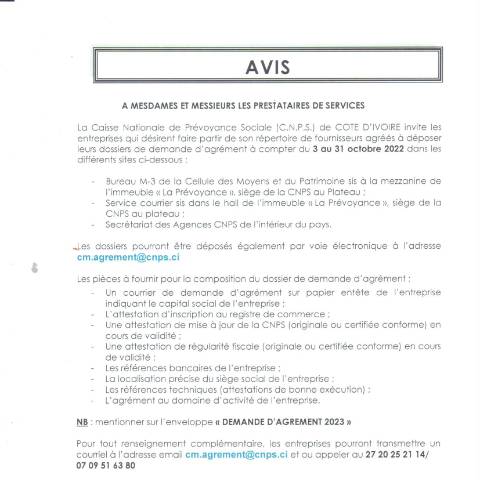 Aperçu du document Avis Agrément CNPS A MESDAMES ET MESSIEURS LES PRESTATAIRES DE — Document CNPS (prévoyance sociale), Côte d'Ivoire