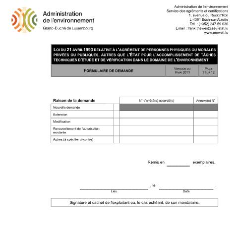 Aperçu du document Agrément pour l’environnement humain — Etablissements classes, Luxembourg (CERFA n°agrement-environnement-humain)