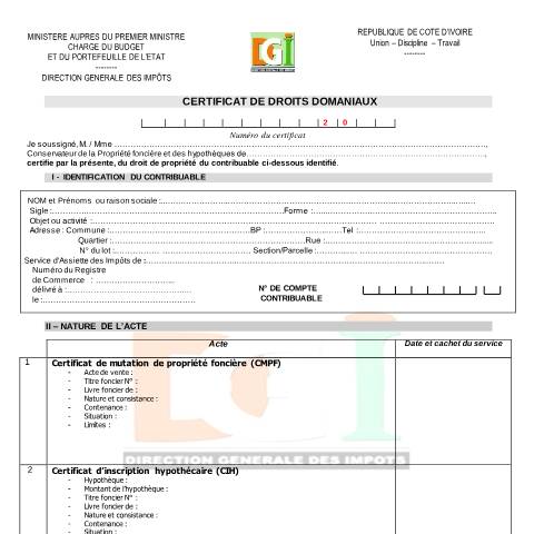 Aperçu du document CERTIFICATS DE DROITS DOMANIAUX 21 04 16 — Guide de procédure, Côte d'Ivoire