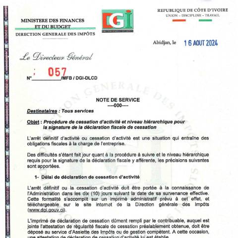 Aperçu du document note service 0057 0001 — Note de service, Côte d'Ivoire