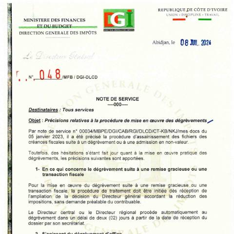 Aperçu du document note service 0048 0001 — Note de service, Côte d'Ivoire