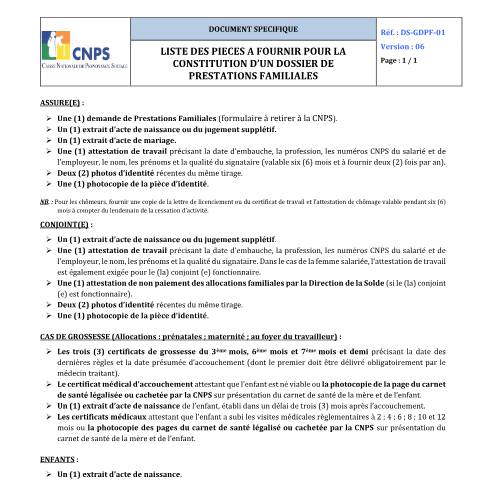 Aperçu du document LISTE DES PIECES A FOURNIR POUR LA CONSTITUTION D’UN DOSSIER DE PRESTATIONS FAMILIALES (version 06) — Document CNPS (prévoyance sociale), Côte d'Ivoire