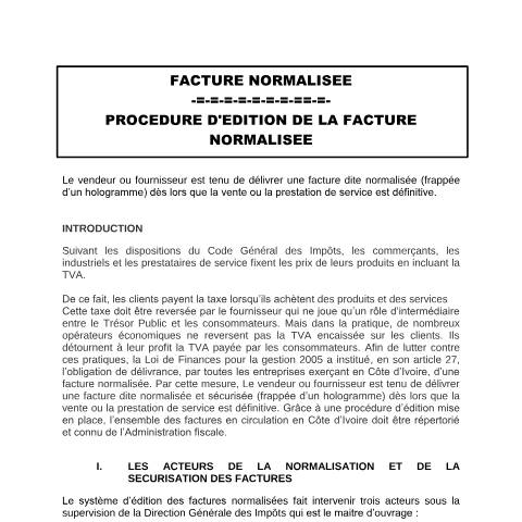 Aperçu du document PROCEDURE D EDITION DE LA FACTURE NORMALISEE ACTUALISE — Document officiel, Côte d'Ivoire