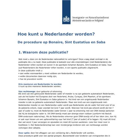 Documentvoorvertoning: Hoe kunt u Nederlander worden? De procedure op Bonaire, Sint Eustatius en Saba — IND — immigratie, Nederland (CERFA n°3004)