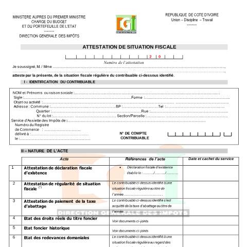 Aperçu du document ATTESTATION DE SITUATION FISCALE 21 04 16 — Guide de procédure, Côte d'Ivoire