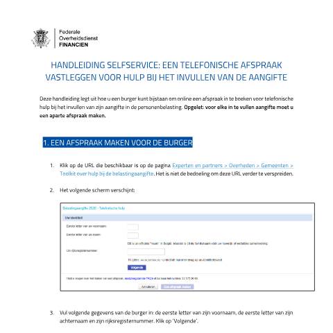 Aperçu du document Handleiding voor het maken van een afspraak — Self service van de afsprakentool voor invulhulp, Belgique (CERFA n°111-handleiding-selfservice-telefonische-hulp-2026-gemeenten)
