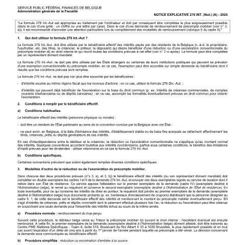 Aperçu du document 276 int notice 1 — Demande concernant des intérêts sur la base d’une convention préventive de double imposition, Belgique (CERFA n°276-int-notice-1)
