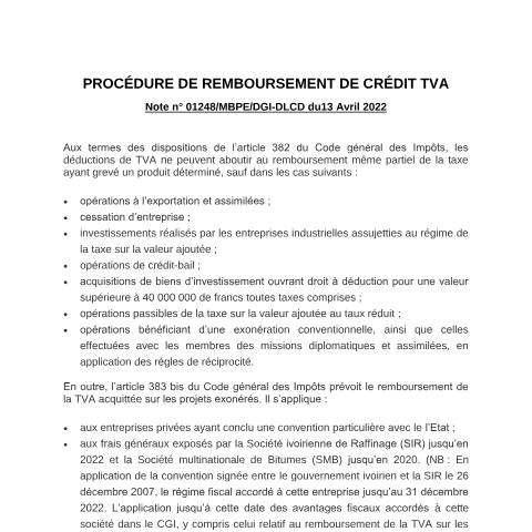 Aperçu du document PROCEDURE DE REMBOURSEMENT DE CREDIT TVA — Document officiel, Côte d'Ivoire