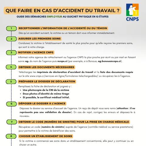 Aperçu du document ACCIDENT DE TRAVAIL GUIDE DES DÉMARCHES DE L’EMPLOYEUR — Document CNPS (prévoyance sociale), Côte d'Ivoire